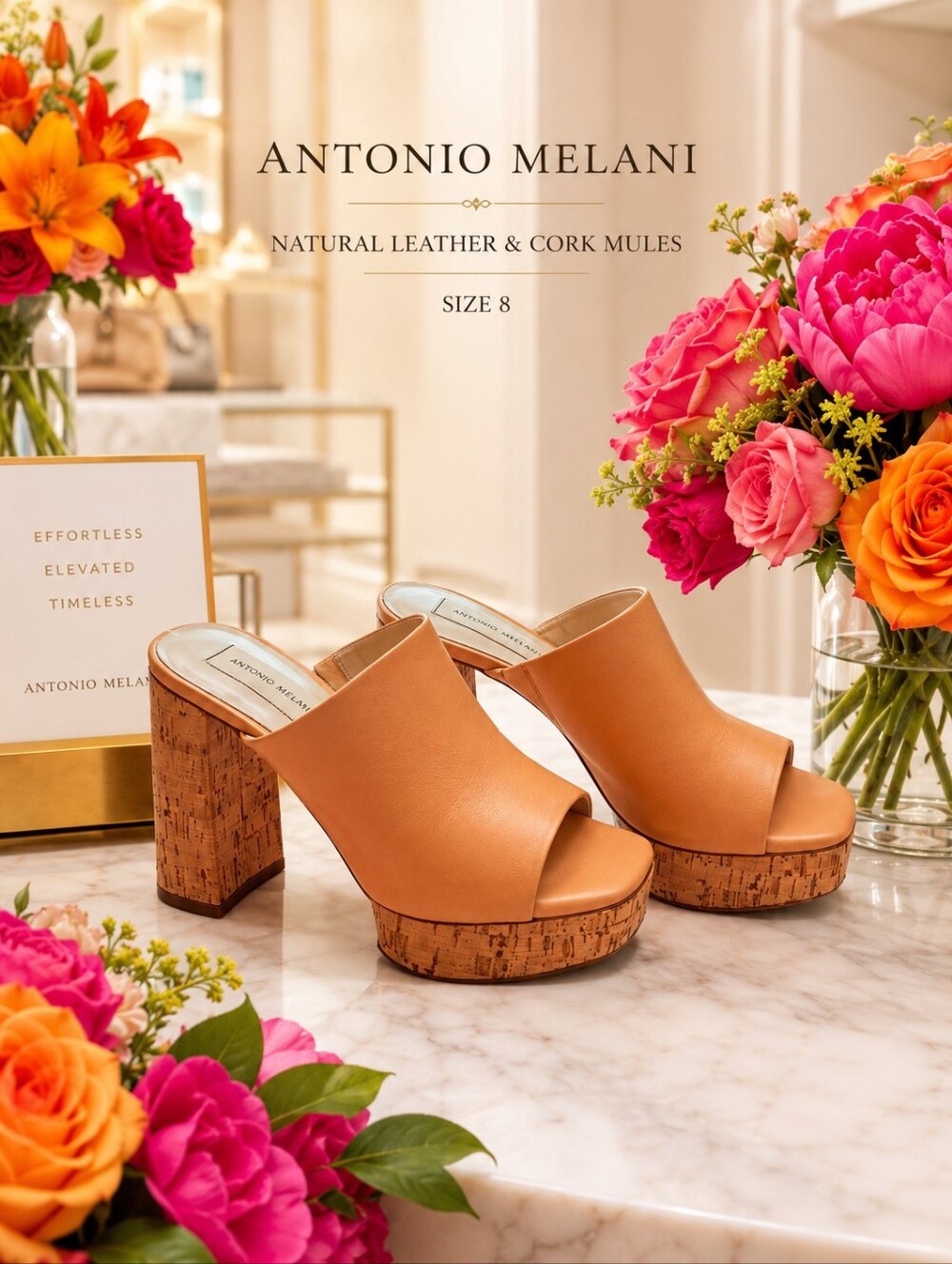 Antonio Melani Natural Leather & Cork Platform Mules Size 8 | Tan Peep Toe Block